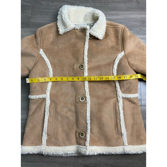LL Bean Suede Sherpa Brown Tan Button Front Coat Women’s Size Small P Western - Picture 7 of 8
